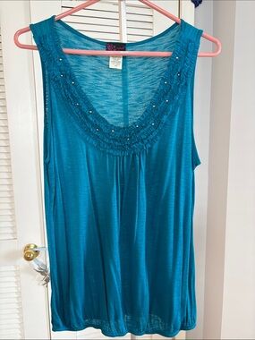 Agenda Teal Ruffled Scoop Neck Sleeveless Tank